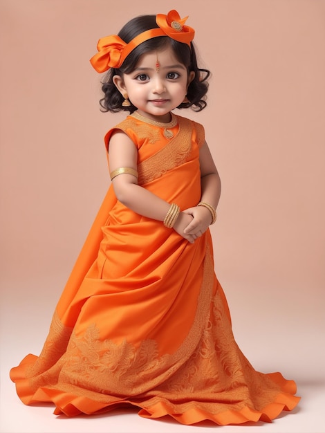 Foto ein hübsches mädchen in einem orangefarbenen saree