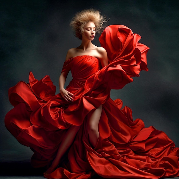 Ein hübsches Mädchen in einem roten Rüschenkleid auf dunklem Hintergrund