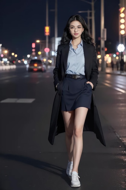 Ein hübsches Mädchen in Hemd und Rock, dazu Mantel und Sneaker geht nachts auf der Straße spazieren