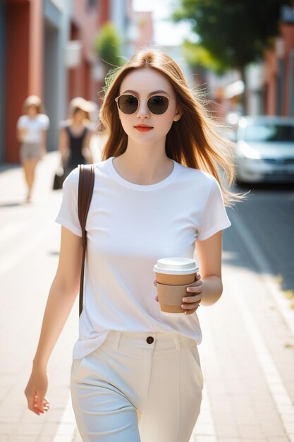 Ein hübsches Mädchen in weißem Hemd und Hose hält auf einer sonnigen Straße eine Kaffeetasse in der Hand