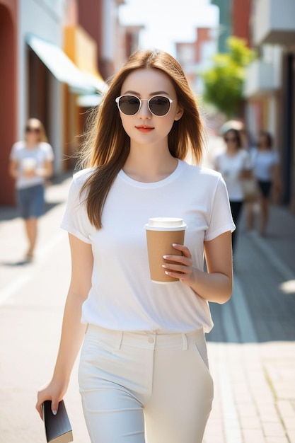 Ein hübsches Mädchen in weißem Hemd und Hose und Sonnenbrille geht mit einer Kaffeetasse auf der sonnigen Straße