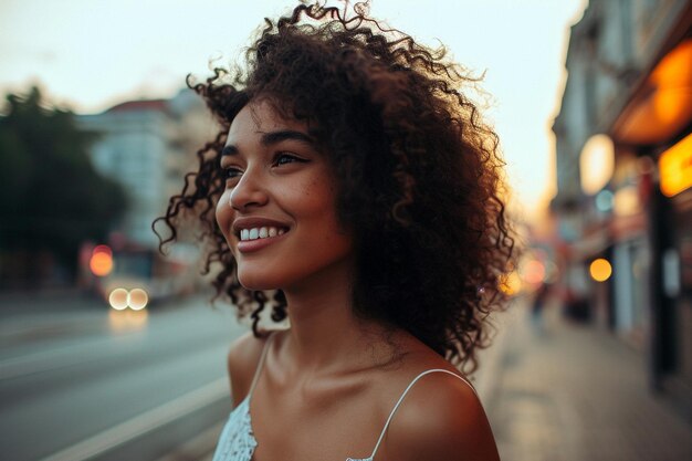 Foto ein hübsches mädchen mit lockigem haar winkt, geht die straße entlang und schaut sich mit einem lächeln um