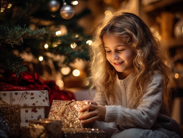 Ein hübsches Mädchen sitzt unter dem Weihnachtsbaum und trägt weihnachtliche Winterkleidung und öffnet Geschenke