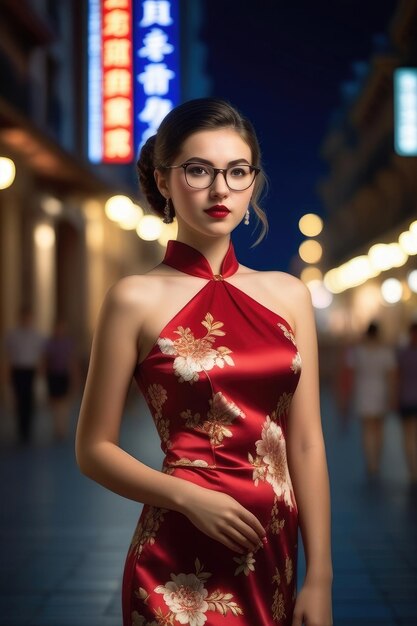 Ein hübsches Mädchen trägt Cheongsam auf dem Hintergrund der Mitternachtsstadt