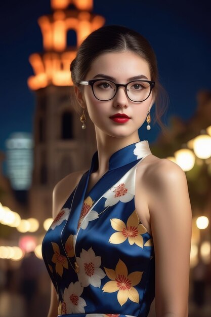 Ein hübsches Mädchen trägt Cheongsam auf dem Hintergrund der Mitternachtsstadt