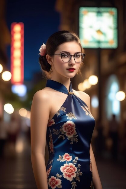 Ein hübsches Mädchen trägt Cheongsam auf dem Hintergrund der Mitternachtsstadt