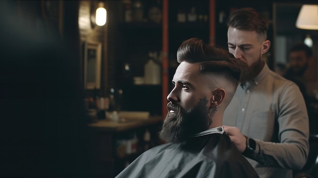 Foto ein hübsches modell mit bart sitzt auf dem stuhl und spricht mit dem friseur im friseursalon. der friseur bekommt einen neuen haarschnitt und stylt ihn.