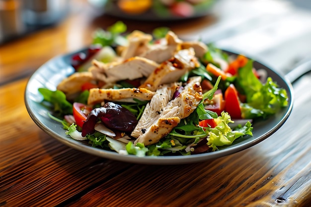 Ein Hühnersalat auf einem Holztisch in einem Stockfoto