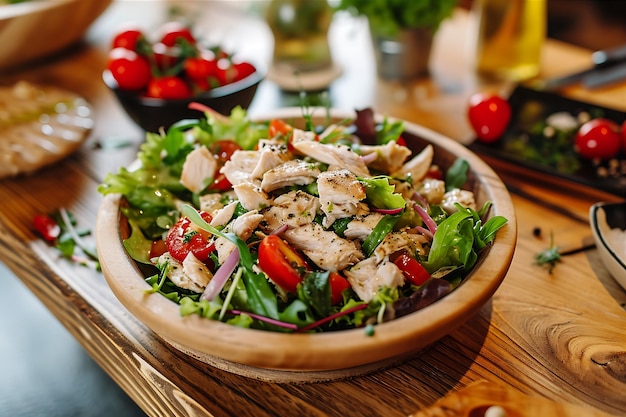 Ein Hühnersalat auf einem Holztisch in einem Stockfoto