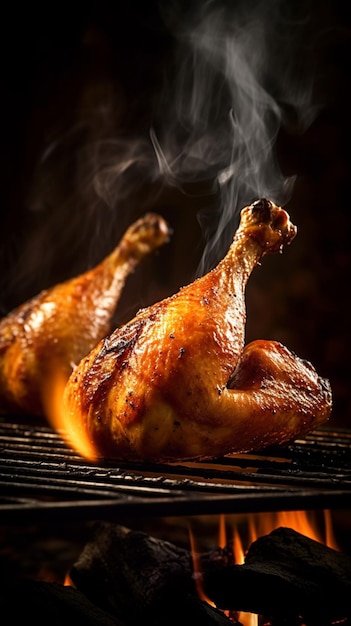 Ein Huhn auf einem Grill, aus dem Rauch austritt