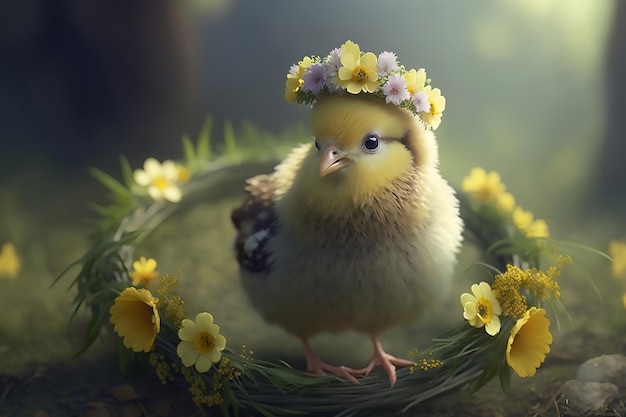 Ein Huhn in einem Blumenkranz steht in einem Kranz aus Gras und Blumen