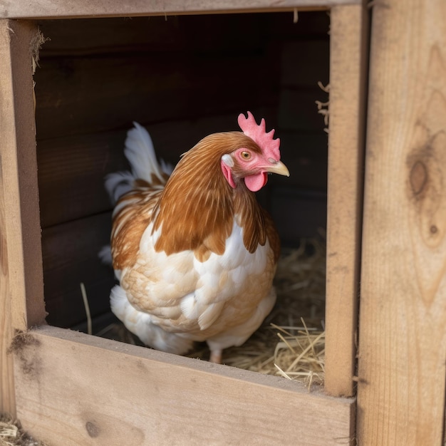 Ein Huhn in einem Hühnerstall mit rotem Kamm.