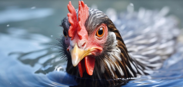 Ein Huhn in einem Teich mit rotem Schnabel und gelben Augen.