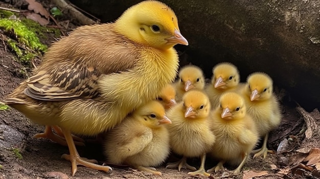 Ein Huhn mit drei Babys auf dem Boden