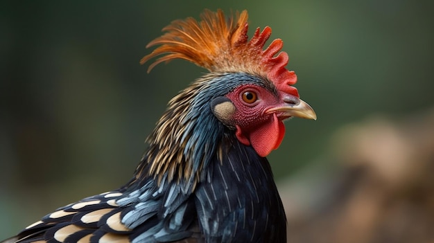 Ein Huhn mit rot-schwarzem Kopf