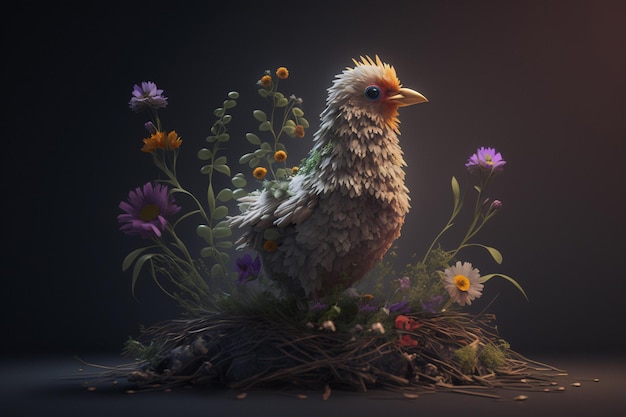 Ein Huhn ruht in einem Nest aus Blumen