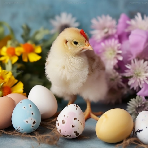 Ein Huhn steht neben Ostereiern mit einem Blumenstrauß im Hintergrund.