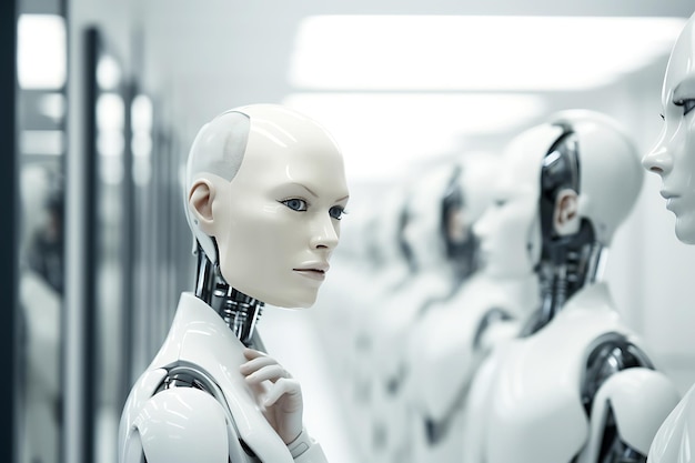 Ein humanoider Roboter mit weiblichem Gesicht, der menschliche Emotionen zeigen kann Horizontalfoto