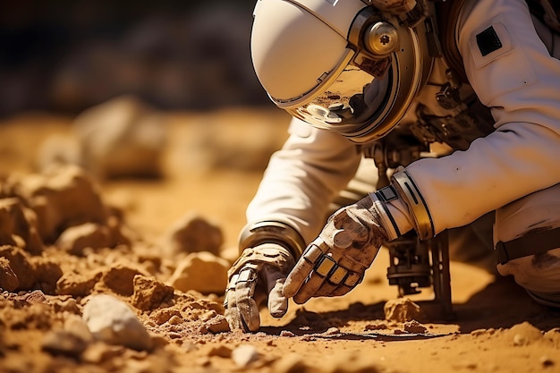 Ein humanoider Roboter nimmt Bodenproben auf dem Planeten Mars Horizontalfoto