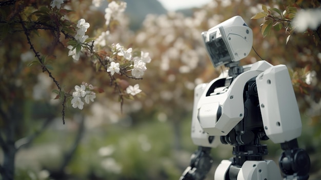 Ein humanoider Roboter pflegt Kirschbäume in einem blühenden, von der KI generierten Garten