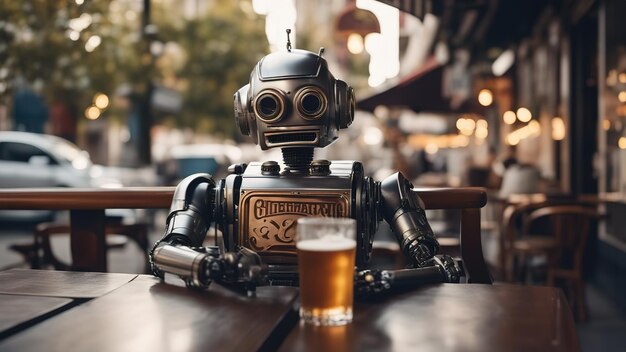 Ein humanoider Roboter trinkt Bier in einem Straßencafé
