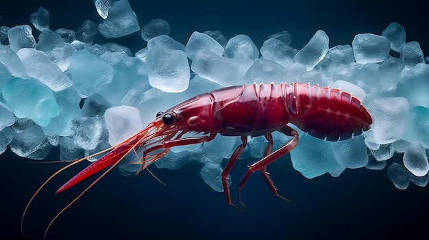 Foto ein hummer liegt auf eis in einem aquarium.