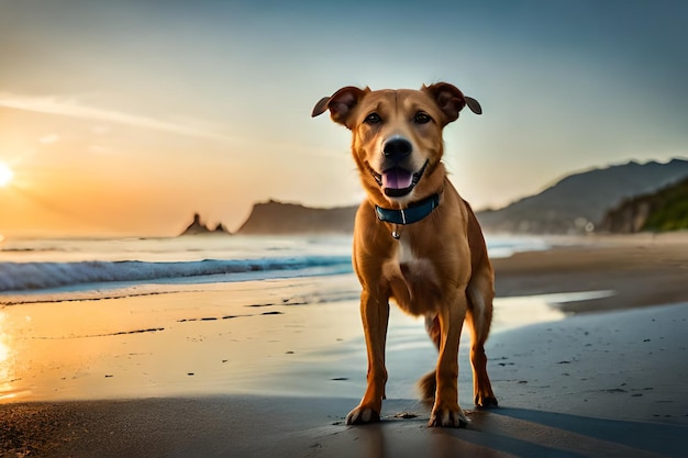 Ein Hund am Strand bei Sonnenuntergang, die Sonne geht hinter ihm unter.