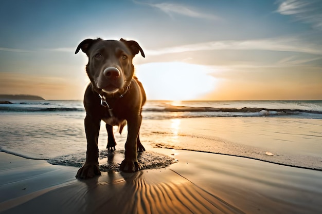 Foto ein hund am strand bei sonnenuntergang