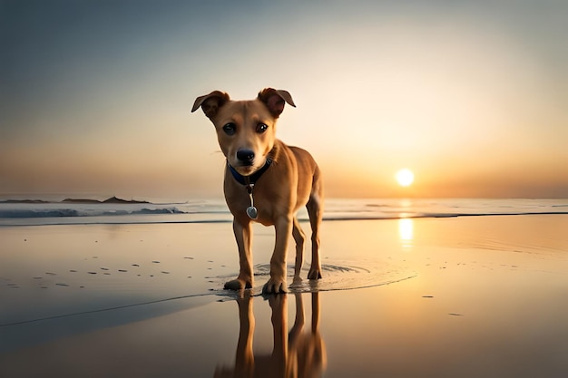 Foto ein hund am strand, hinter ihm die untergehende sonne