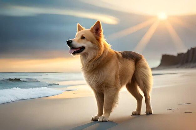 ein Hund an einem Strand mit der Sonne hinter sich