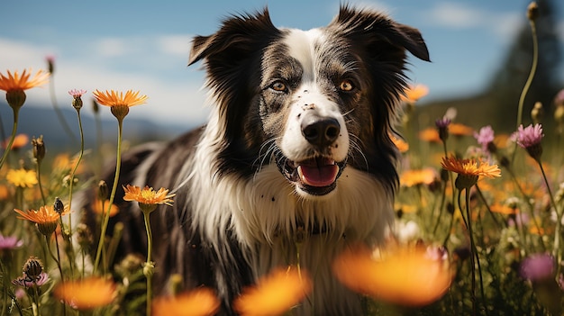 ein Hund auf einem Blumenfeld mit Berghintergrund.