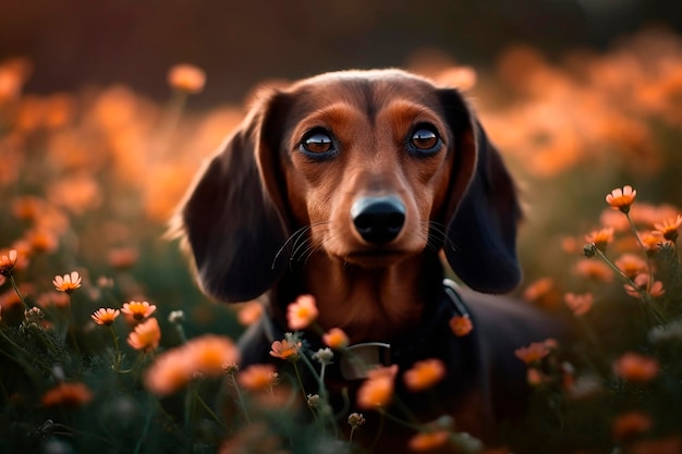 Ein Hund auf einem Blumenfeld