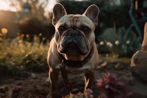 Ein Hund auf einem Feld mit einem Sonnenuntergang im Hintergrund