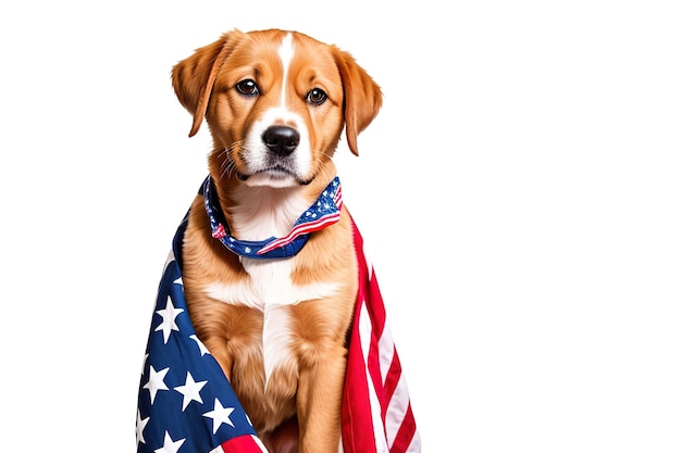 Ein Hund auf weißem Hintergrund ist in eine Generative KI mit amerikanischer Flagge gehüllt