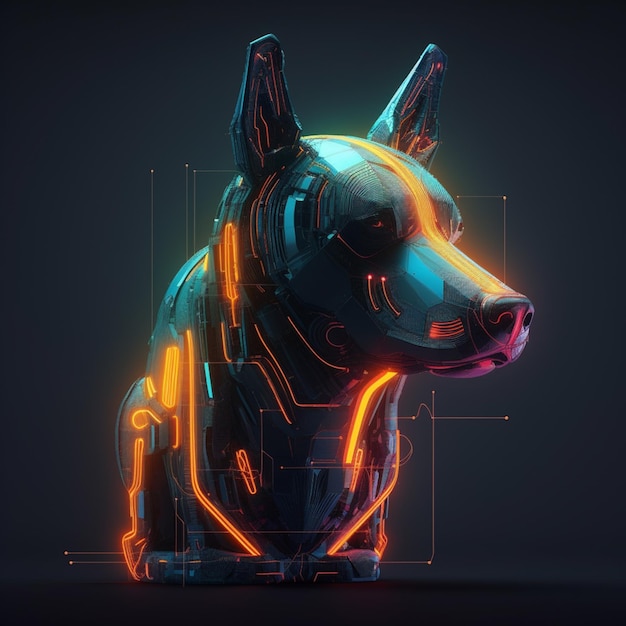 Ein Hund besteht aus Neon und hat einen blauen Hintergrund.