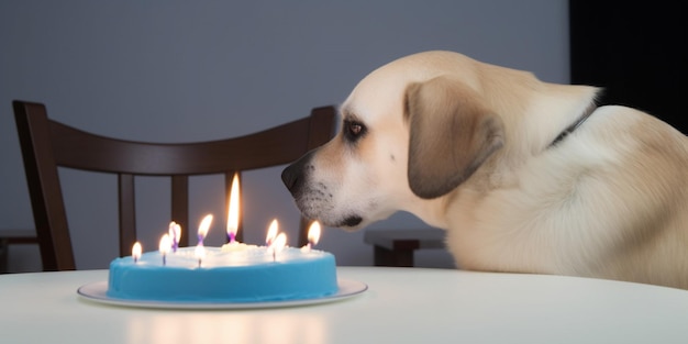 Ein Hund betrachtet einen Kuchen mit der Nummer 1 darauf.