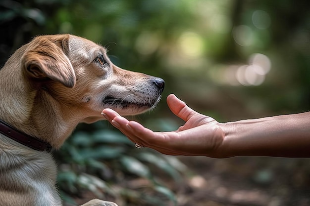 Foto ein hund bietet einer bedürftigen eine helfende pfote an