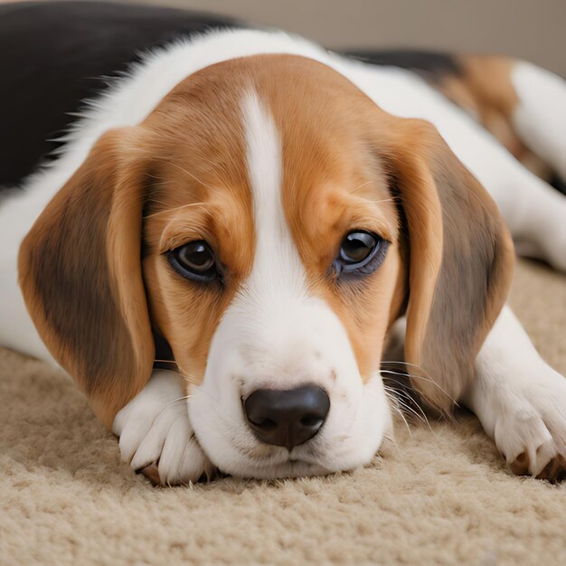 ein Hund, der auf einem Teppich mit einem weißen Streifen auf seinem Gesicht liegt