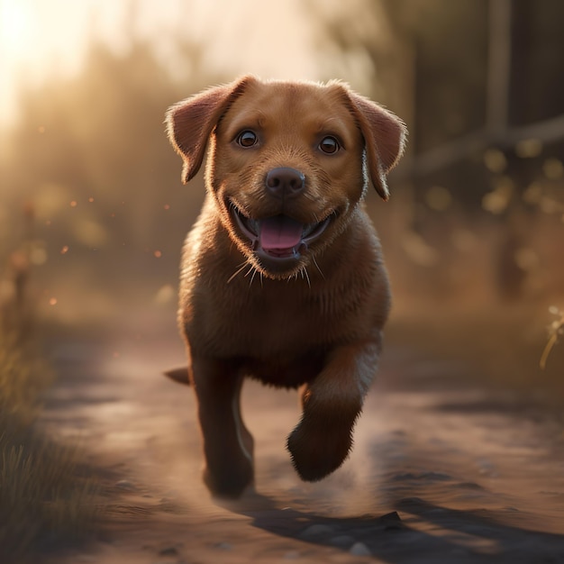 Ein Hund, der auf einem Weg mit dem Wort Hund darauf läuft