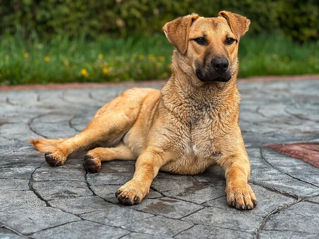 Ein Hund, der auf einer Terrasse liegt, auf der das Wort Hund steht