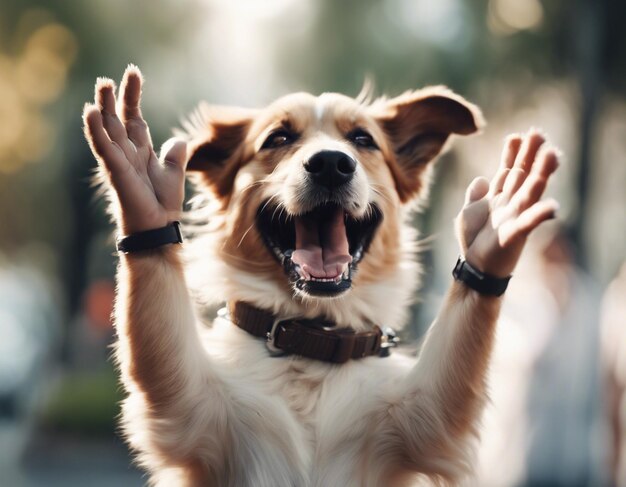 Foto ein hund, der beide hände hochhebt, ein süßes, heiteres, glückliches hund.