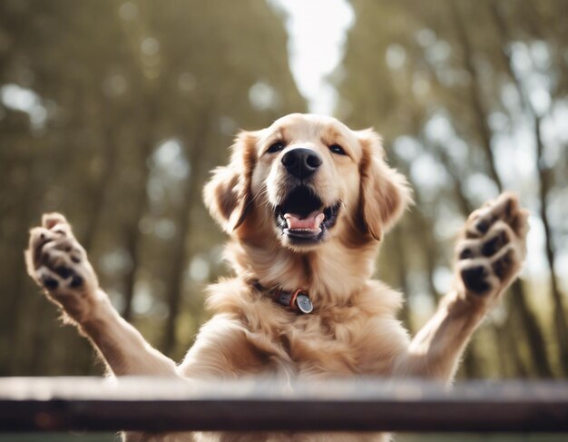 Foto ein hund, der beide hände hochhebt, ein süßes, heiteres, glückliches hund.