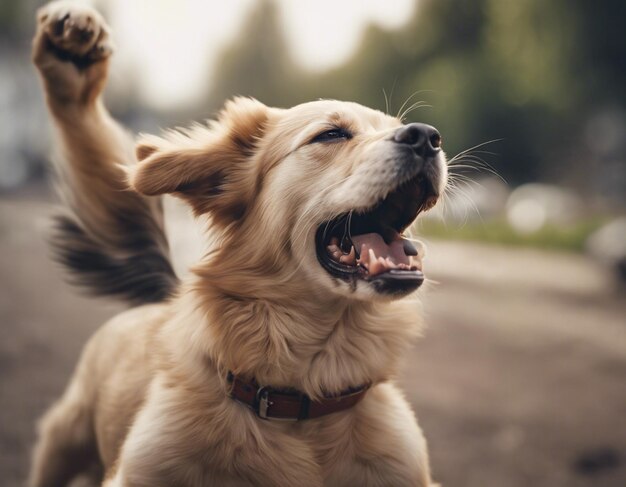 Foto ein hund, der beide hände hochhebt, ein süßes, heiteres, glückliches hund.