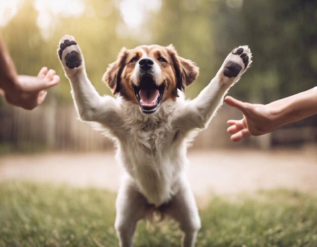 Foto ein hund, der beide hände hochhebt, ein süßes, heiteres, glückliches hund.