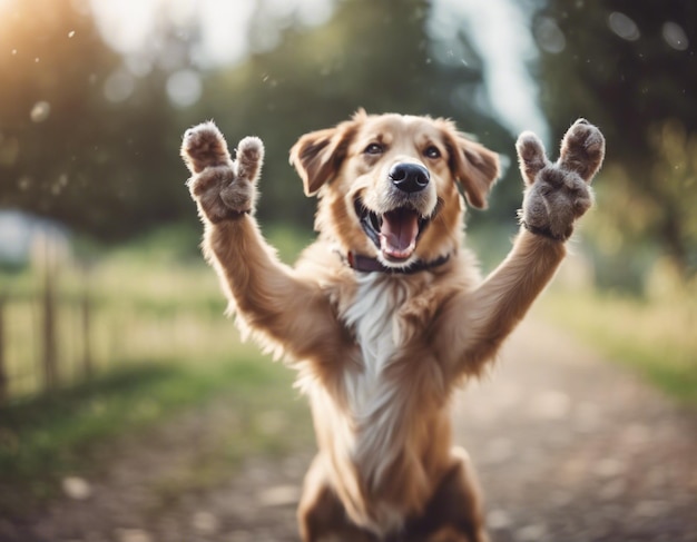 Ein Hund, der beide Hände hochhebt, ein süßes, heiteres, glückliches Hund.