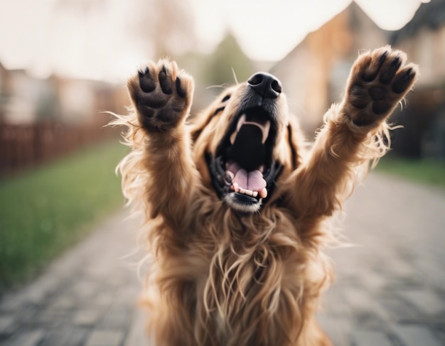 Foto ein hund, der beide hände hochhebt, ein süßes, heiteres, glückliches hund.