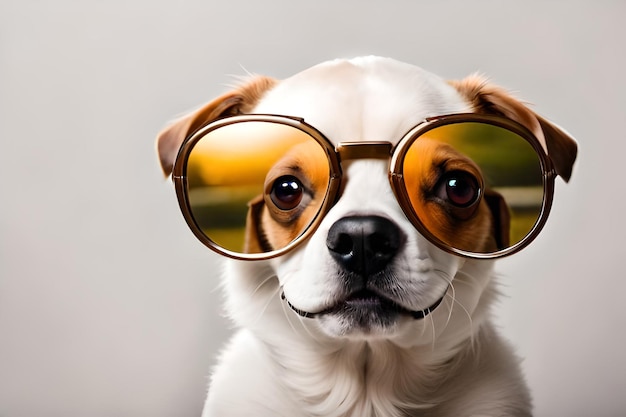 Ein Hund, der eine Brille trägt, auf der steht: „Ich liebe Hunde“