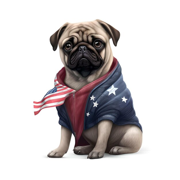 Ein Hund, der eine Flagge trägt, auf der „amerikanische Flagge“ steht