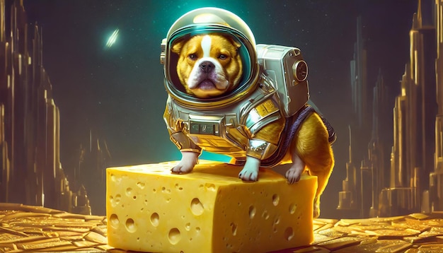 ein Hund, der eine Gasmaske trägt, sitzt auf einem Käse, auf dem steht Hund