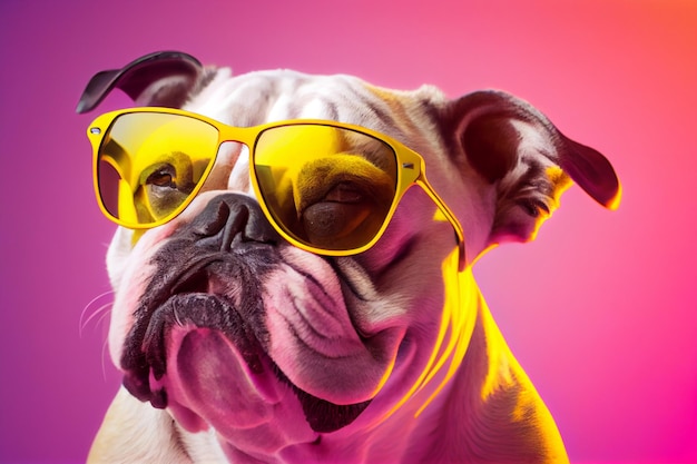 Ein Hund, der eine gelbe Sonnenbrille mit dem Wort Bulldogge trägt.